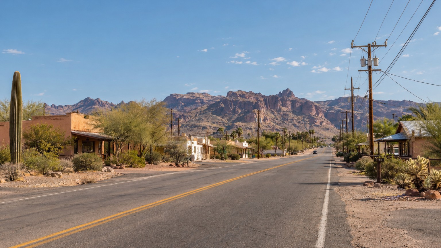 An Arizona desert-town road with buildings, cacti, and mountains under a blue sky.