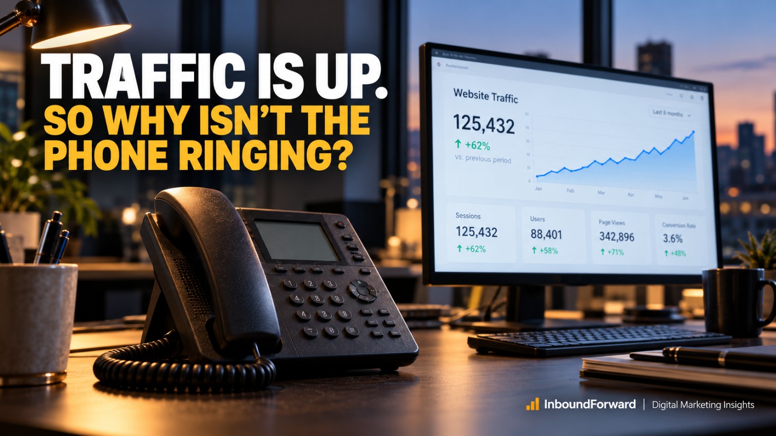 An office phone sits silent beside a monitor showing rising website traffic. Headline: Traffic is up. So why isn’t the phone ringing?